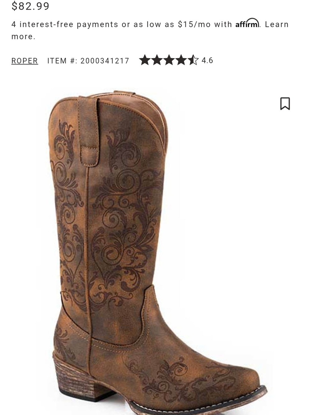 Tall Roper Brown Embroidered Western Snip Toe Boots